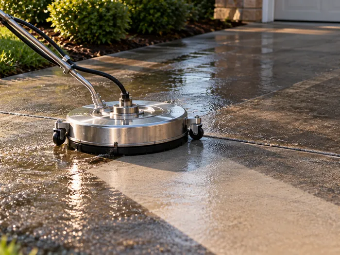 A close daylight detail of a surface cleaner leaving an even clean stripe across a concrete drive, no people