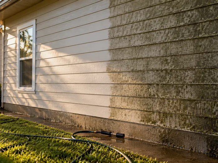 A house wall half washed, the clean side bright and the other still gray with mildew, hose on the ground, no people