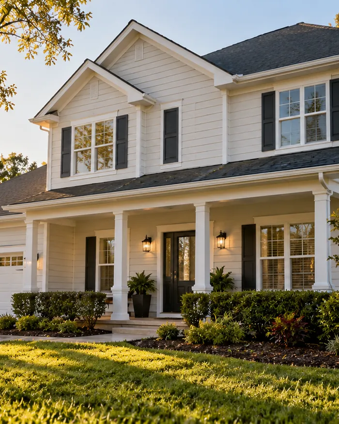 A two story home with clean bright siding after a soft wash