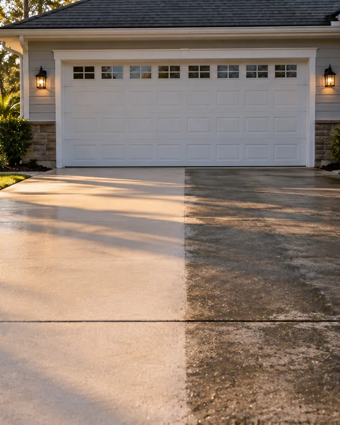 A concrete driveway half cleaned showing the difference