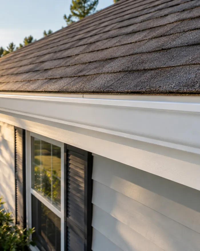 White gutters washed clean along a roof edge