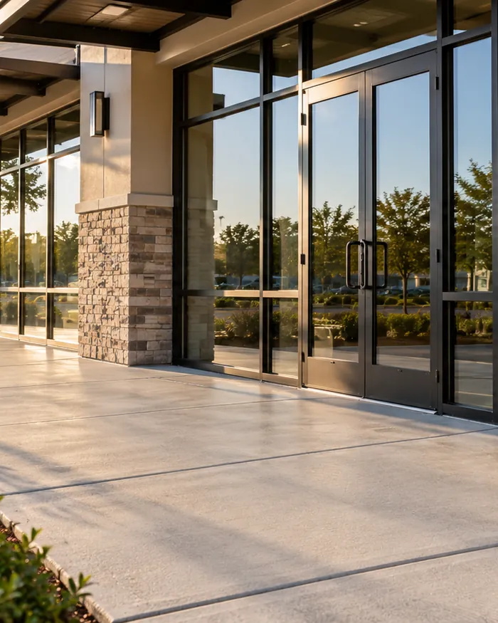 A storefront walkway cleaned bright in front of the entrance